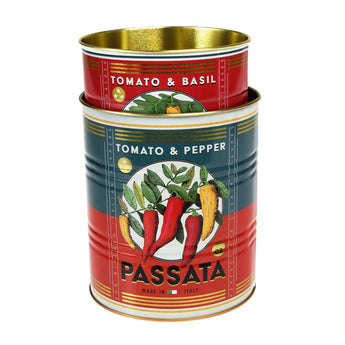 Set of two Rex B2B Passata Medium Storage Tins with labeled lids, ideal for kitchen organization and food storage.