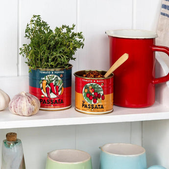 Set of two Rex B2B Passata Mini Storage Tins, compact metal containers for kitchen organization and spice storage.