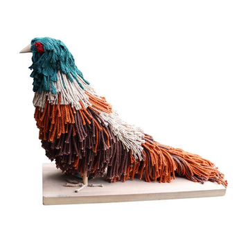 Wood and jute Patrick the Pheasant animal ornament by Aquarelle Home, featuring detailed craftsmanship and natural textures.