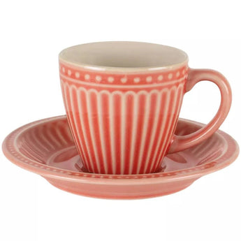 Pink Pembroke Stoneware Cup and Saucer by Grand Illusions, featuring a stylish mug with matching saucer on a plain background.