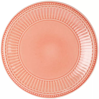 Pink Pembroke Stoneware Dinner Plate by Grand Illusions featuring a smooth, round design with a glossy finish.