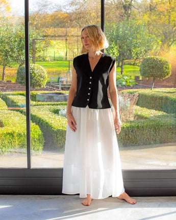 Black Chalk UK Peta Women's Waistcoat, stylish clothing with a tailored fit, shown on a model.