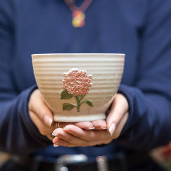 Pink Hydrangea ceramic bowl by Gisela Graham, 13cm diameter, featuring a floral hydrangea design perfect for decorative or functional use.