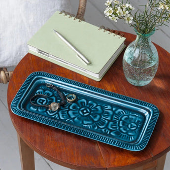 Blue rectangular enamel trinket dish with smooth edges, ideal for jewelry or small accessories, by Rex B2B.