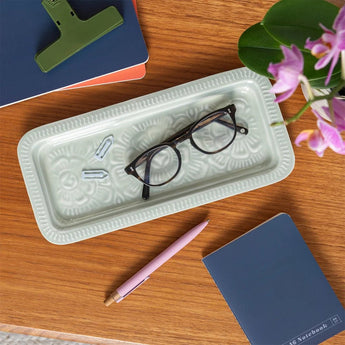 Light grey rectangular enamel trinket dish by Rex B2B, with smooth edges and glossy finish, ideal for jewelry and small accessories.