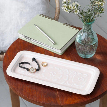 Rectangular enamel trinket dish in soft pink by Rex B2B, perfect for jewelry or small accessories, with a smooth glossy finish.