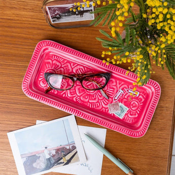 Vibrant pink rectangular enamel trinket dish by Rex B2B, ideal for jewelry, rings, and small accessories.
