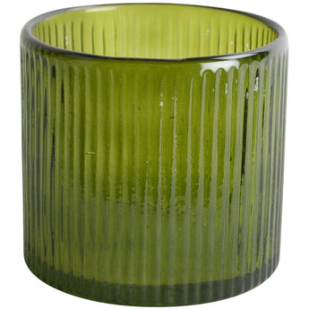 Small vintage green ribbed hurricane glass candle holder by Grand Illusions with textured ribbed design.