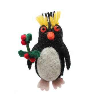 Amica felt decoration featuring a Rock Hopper Penguin with a holly sprig, perfect for festive holiday decor.