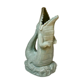 Large sage green Croggle Jug by The Gluggle Jug Factory, with a curved handle and distinctive design.