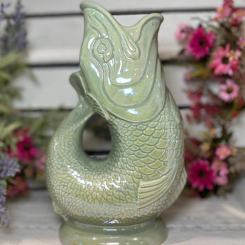 Sage Lustre Gluggle Jug XL from The Gluggle Jug Factory, showcasing a large ceramic jug with a glossy, lustrous finish and traditional design.