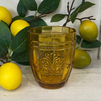 Colorful Saint-Émilion Vintage Baroque embossed glass tumbler by Chic Antique, featuring intricate embossed patterns and assorted colors.