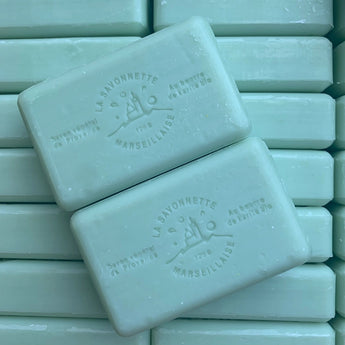 Chateau Du Savon Aloe Vera French Soap bar with natural aloe vera infusion, showcasing a creamy, gentle cleansing soap on a white background.