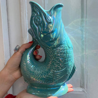 Sea Green Lustre Gluggle Jug XL by The Gluggle Jug Factory, showcasing its glossy, curved ceramic design with a spout and decorative handle.