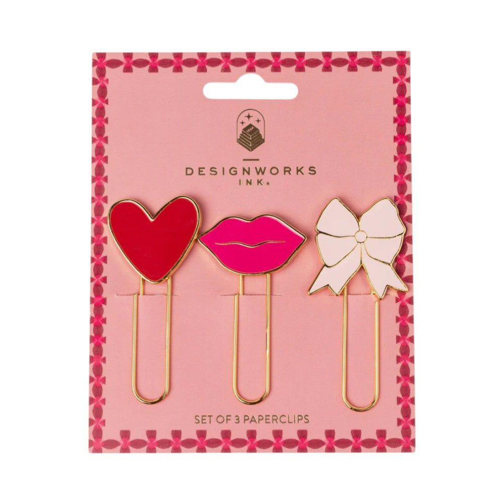 Set of 3 gold-tone paperclips with love-shaped design by Designworks Collective, perfect for organizing papers with a touch of charm.