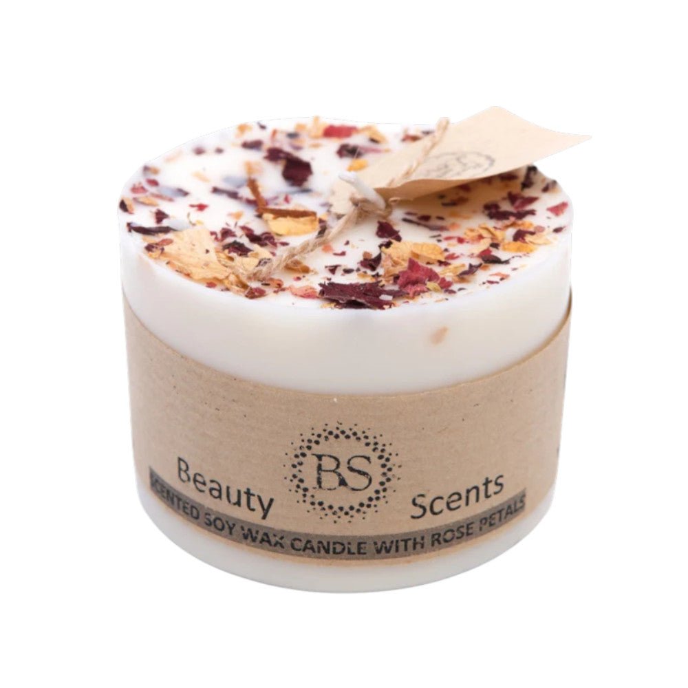 Small Jasmine Rose Petal scented candle from Beauty Scents featuring a glass jar with floral design and a warm, inviting glow.