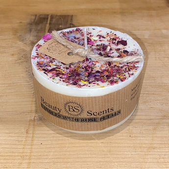 Small Jasmine Rose Petal Scented Candle by Beauty Scents, featuring a delicate candle with jasmine and rose petal aroma.
