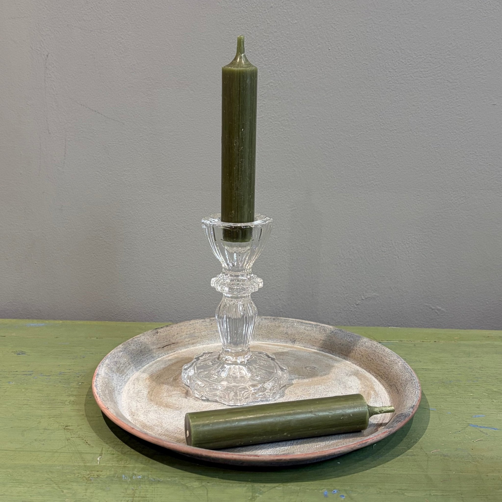 Small lace edge clear candle holder from Chic Antique, decorative glass candlestick holder with intricate lace design.