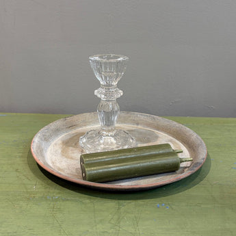 Small lace-edge clear candle holder from Chic Antique, decorative glass candlestick with delicate lace detailing.