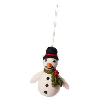 Felt snowman decoration with holly scarf, festive holiday ornament by Amica, featuring a plush snowman design with holly accents.