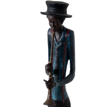Standing jazz band trumpeter ornament by Hills Interiors, detailed musical instrument figure in a stylish decorative ornament.