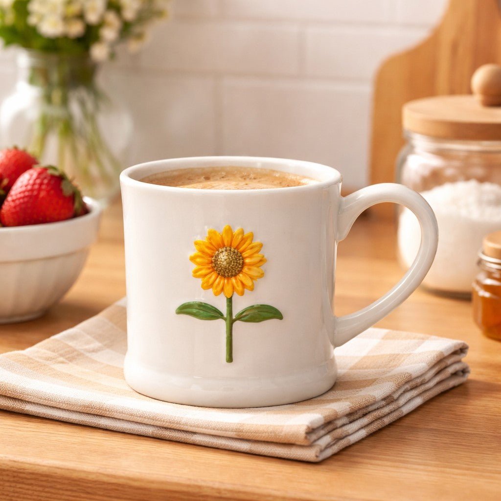Gisela Graham sunflower stoneware mug with a vibrant sunflower design and sturdy ceramic handle for hot beverages.