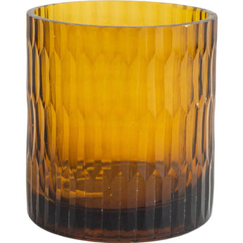 Amber glass tea light holder by Grand Illusions, elegant candle holder with warm amber tones, perfect for ambient lighting.