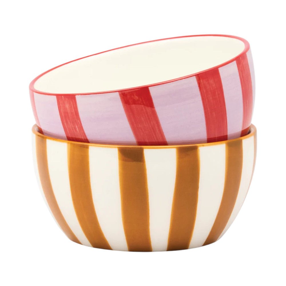Set of two Bella dipping bowls in ochre and rust by Designworks Collective, showcasing their vibrant colors and smooth ceramic finish.