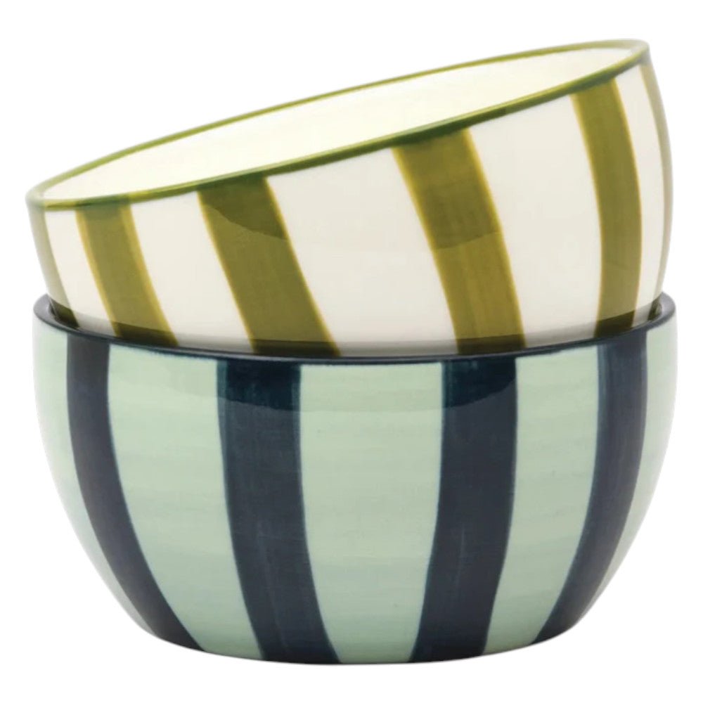 Set of two Bella dipping bowls by Designworks Collective in olive and blue ceramic, ideal for sauces and condiments.