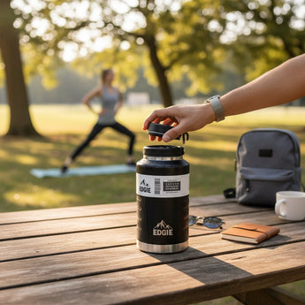 Black Edgie 'The Big One' vacuum insulated flask with a sleek design, perfect for hot or cold beverages.