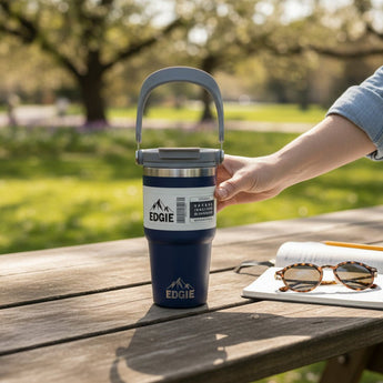 Navy insulated Flask by EDGIE Company, showing the sleek, portable design with a secure lid and temperature-retaining features.