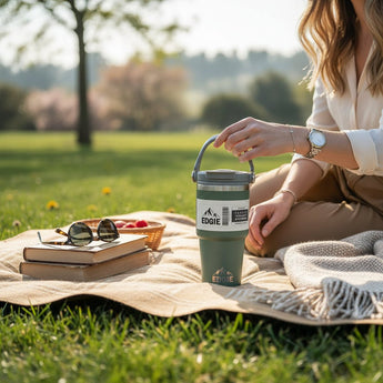 Sage green Edgie 'The Busy One' insulated Flask with stainless steel body and leak-proof lid, ideal for hot and cold beverages.