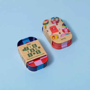 Tinned Tic Tac Toe game by Block Design, featuring a compact board game with classic X and O game pieces in a metal tin.