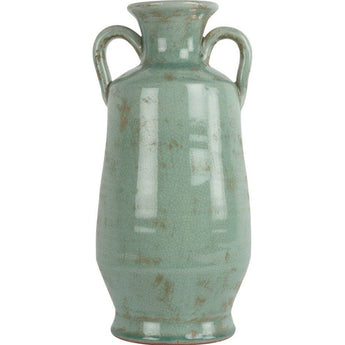 Turquoise ceramic tall rustic vase with handles by Grand Illusions, showcasing a textured ceramic finish and elegant shape.