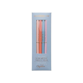 Set of four blue Twist and Slim metal pens by Designworks Collective with sleek, modern design and twist-action mechanism.