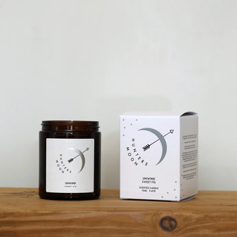 Hunters Moon LTD Unwind Sweet Fig Midi Candle in a glass container, scented candle with a warm, inviting aroma and decorative design.