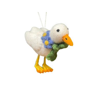 White felt duckling with daisy chain decoration, handmade felt decoration by Amica, ideal for nursery or craft decor.