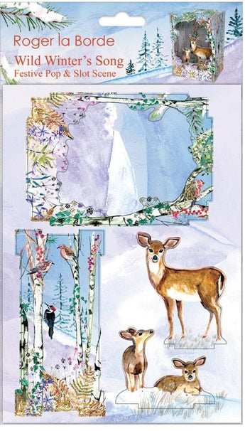 Wild Winter's Song Pop & Slot Diorama greeting card by Roger La Borde featuring a festive winter scene with colorful characters and detailed design.