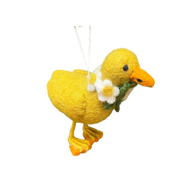 Yellow felt duckling with a daisy chain decoration, crafted by Amica, suitable for nursery decor or children's room accessories.