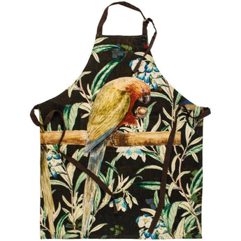 Grand Illusions 100% cotton apron with colorful parakeet print, featuring vibrant bird designs on a durable kitchen apron.