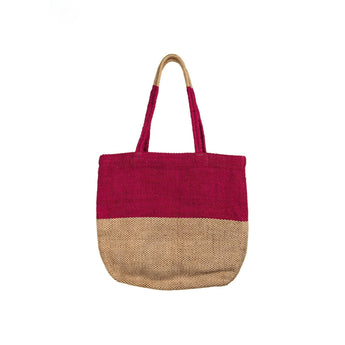 Fuchsia Turtle Bags block design jute tote bag with sturdy handles and vibrant pattern, perfect for eco-friendly shopping.