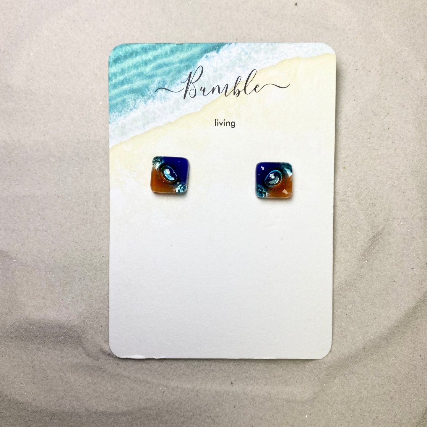 Blue and Orange Square Glass Large Stud Earrings - Bumble Living