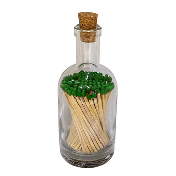 Green matches in a clear glass bottle, branded by Promo Branding, ready for lighting candles or fires.