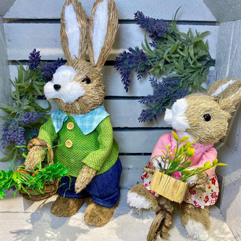 Gisela Graham boy bunny ornament holding a basket, 33cm tall, with bristle detail, festive holiday decoration.