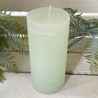 Rustic Bright Verte pillar candle by Chic Antique, 60-hour burn time, natural textured wax finish standing tall.