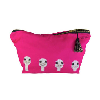 Emily Smith Camilla the Ostrich cosmetic bag with textured ostrich pattern and zip closure, ideal for makeup and toiletries.