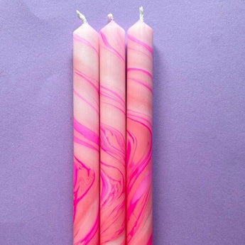 Set of three Candyfloss Marbled Dinner Candles by Colour Emporium, featuring pink and white marbled design, ideal for elegant table settings.
