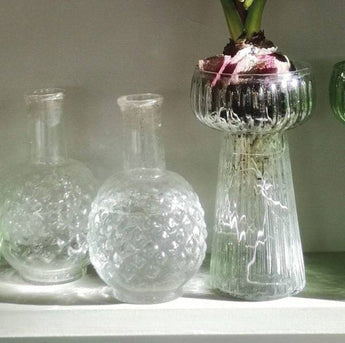 Clear textured bubble glass vase by Casa Verde, featuring a unique bubble pattern and elegant design for floral arrangements.