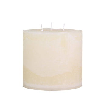 Cream rustic 3-wick pillar candle by Chic Antique, designed for 80 hours of burn time, ideal for cozy home decor.