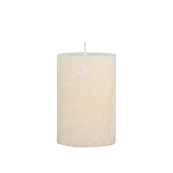 Cream rustic pillar candle by Chic Antique, designed for 90 hours of burn time, showcasing a warm, textured surface.
